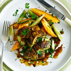 Miso-roasted aubergine steaks with sweet potato