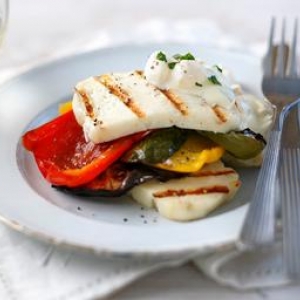 Roasted vegetable stack with griddled halloumi cheese